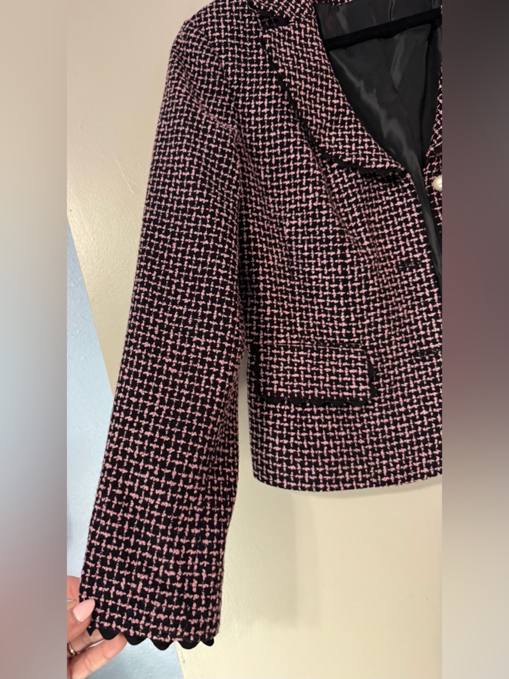 Versailles Pink Black Tweed Blazer Pearl Button Scalloped Trim Jacket - Picture 5 of 13